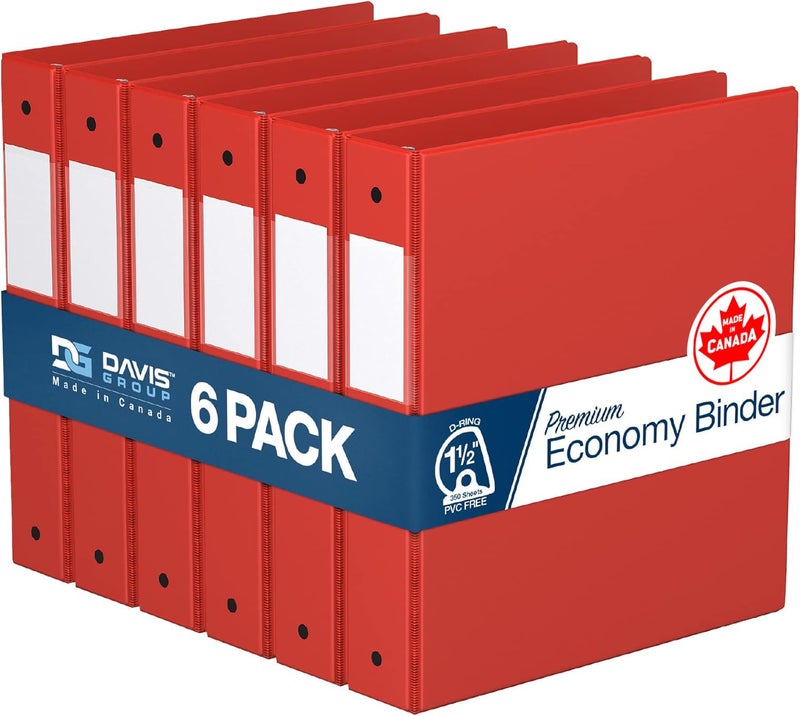 Davis Group Premium Economy 1.5-Inch Binders, 3-Ring Binders for School, Office, or Home, Colored Binder Notebooks, Pack of 6, D Ring, Red - Image 1